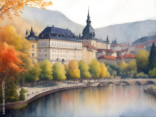 Karlovy Vary Czech Country Landscape Watercolor Illustration Art photo