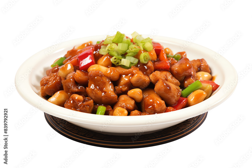 A delicious bowl of Kung Pao chicken garnished with green onions, served with peanuts and red bell peppers. A delicious bowl of Kung Pao chicken garnished with green onions, served with peanuts and red bell peppers.
