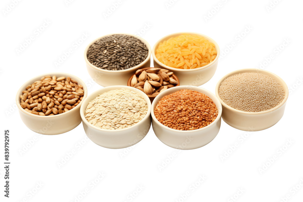 A variety of grains and seeds in small white bowls. Includes chia seeds, almonds, wheat, oats, and quinoa. Isolated on transparent background. A variety of grains and seeds in small white bowls. Includes chia seeds, almonds, wheat, oats, and quinoa. Isolated on transparent background.