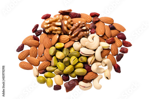 A close-up image of a variety of mixed nuts including almonds, cashews, walnuts, and pistachios on a white background. photo