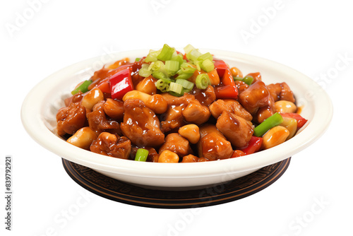 A delicious bowl of Kung Pao chicken garnished with green onions, served with peanuts and red bell peppers.