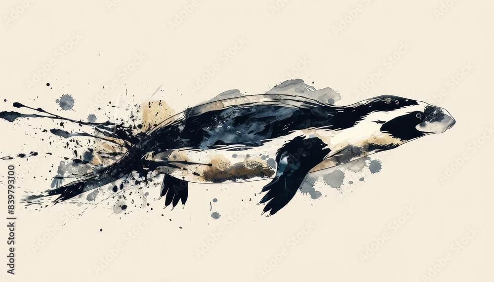 Obraz premium Platypus diving flat design side view water water color black and white