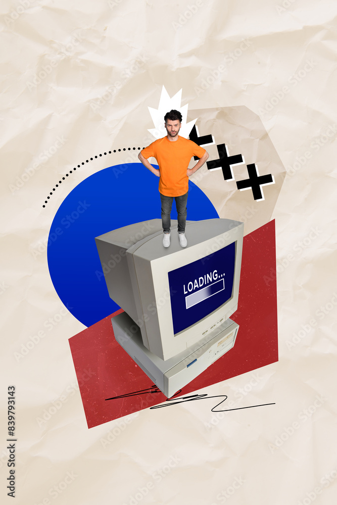 Obraz premium Photo collage artwork minimal picture of angry guy waiting old computer loading isolated creative background
