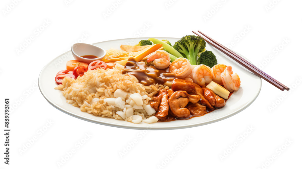 Delicious Asian cuisine featuring rice, shrimp, chicken, and vegetables on a white plate with chopsticks. Perfect for a tasty meal. Delicious Asian cuisine featuring rice, shrimp, chicken, and vegetables on a white plate with chopsticks. Perfect for a tasty meal.