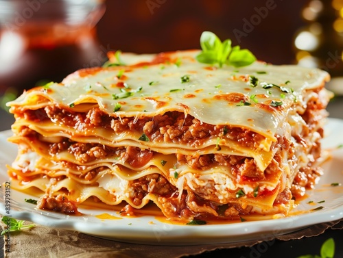 Lasagna Italian Meat Cheese Noodle Close-Up Food Dining Dinner Blurred Background Image 