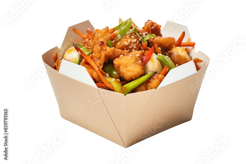 Delicious Asian stir-fry in a takeout box with vegetables, chicken, sesame seeds, and sauce, isolated on a white background.