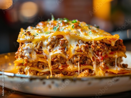 Lasagna Italian Meat Cheese Noodle Close-Up Food Dining Dinner Blurred Background Image 