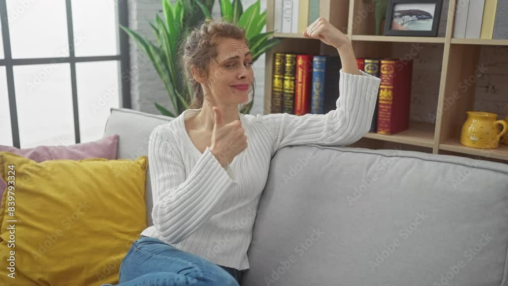 Caucasian woman winking and flexing at home, showcasing humor and charm in a cozy living room setting. Caucasian woman winking and flexing at home, showcasing humor and charm in a cozy living room setting.