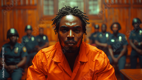 Black man wearing orange prison clothes with angry stare expression, little open mouth speaking, police in the back,generative ai