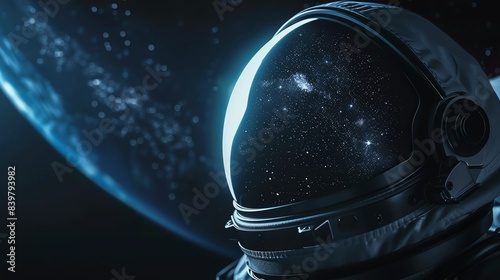 A close-up shot of a sleek astronaut helmet reflecting a starry sky © Sakdecha