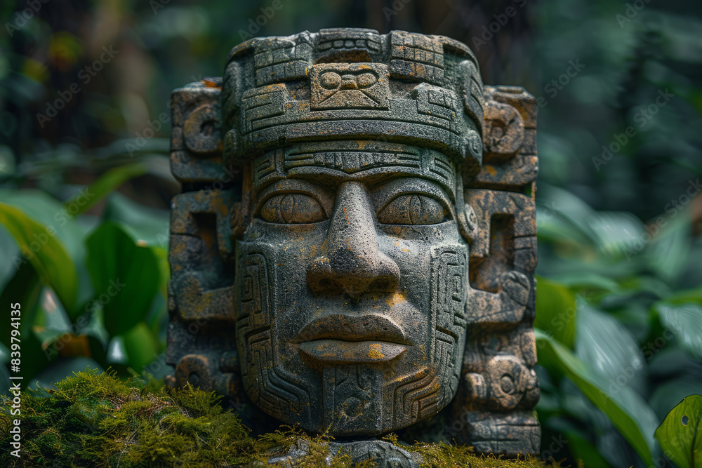 Olmec sculpture carved from stone. Mayan symbol - Big stone head statue in a jungle.generative ai Olmec sculpture carved from stone. Mayan symbol - Big stone head statue in a jungle.generative ai