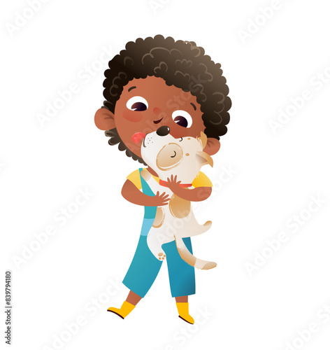 Cute little African Amerian girl holds and hugs her best friend dog, Multinational children characters illustration with pets, kids and puppies. Vector hand drawn cartoon in watercolor style.