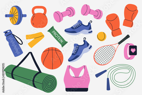 Vector illustration of fitness sports. Different sports equipment