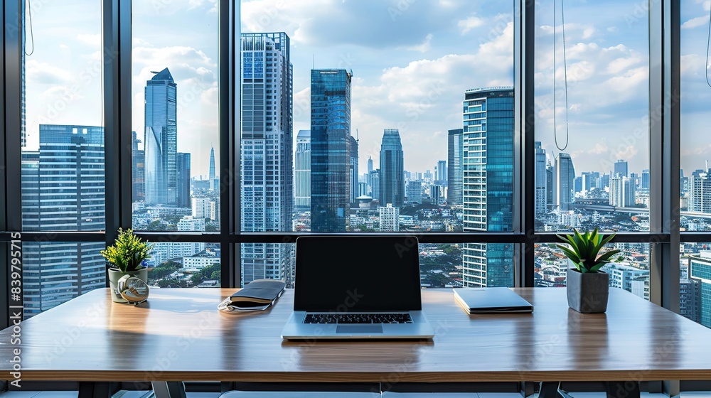Modern Office with City View and Laptop, laptop on the desk in office with city view Modern Office with City View and Laptop, laptop on the desk in office with city view