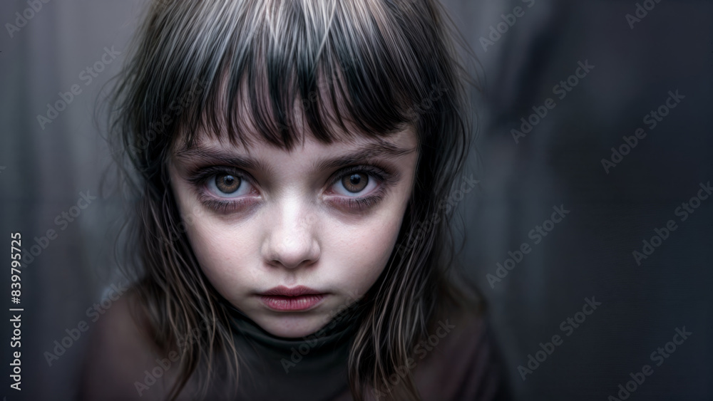 A haunting image of a little girl with big eyes and dark hair looking upwards at the viewer.