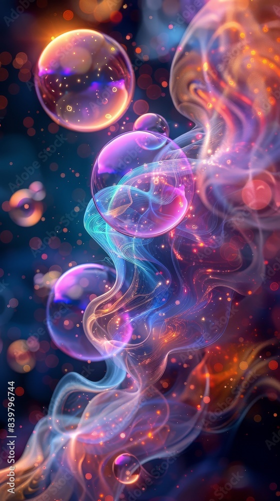 Iridescent pink and purple bubbles on a dark background. Iridescent pink and purple bubbles on a dark background.