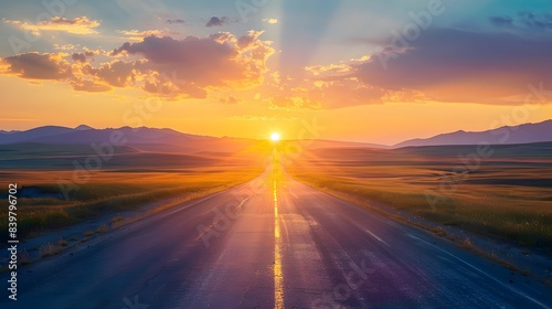 Empty straight road at sunset