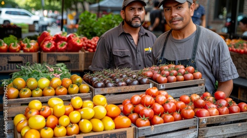 Two men standing behind wooden crates filled with a variety of colorful and fresh tomatoes at a bustling outdoor farmers' market