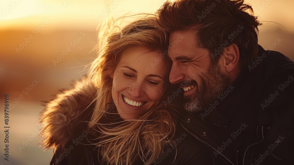A heartwarming scene capturing a couple in warm winter clothing sharing an intimate, joyful moment during a golden sunset, highlighting love and connection A heartwarming scene capturing a couple in warm winter clothing sharing an intimate, joyful moment during a golden sunset, highlighting love and connection