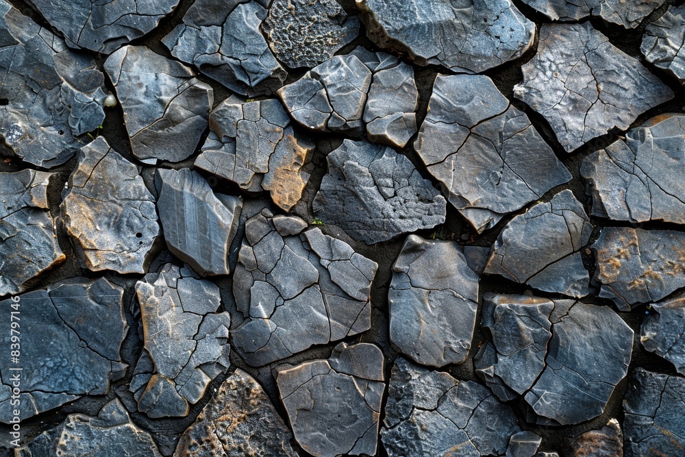 A close-up view of uniquely patterned, fractured, and interlocking grey rocks creating a visually striking and natural mosaic-like texture A close-up view of uniquely patterned, fractured, and interlocking grey rocks creating a visually striking and natural mosaic-like texture