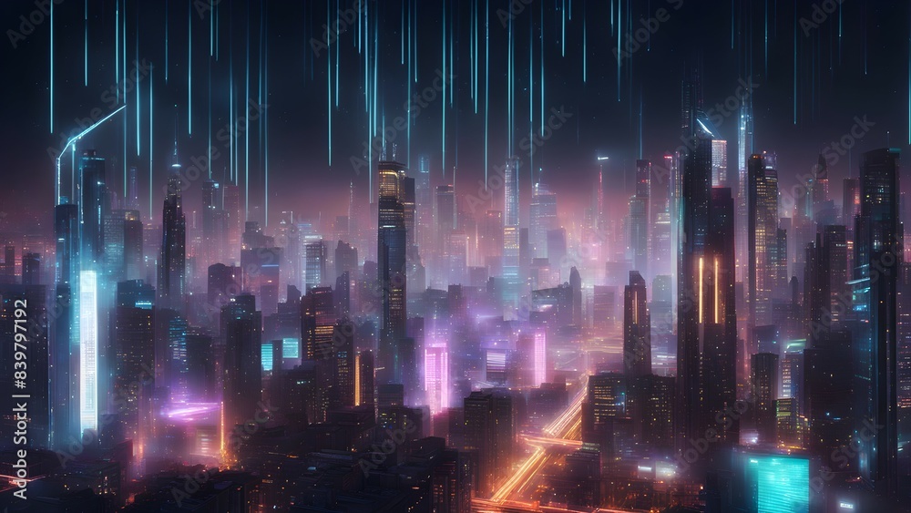 Fototapeta premium A cityscape with neon lights and a sky full of streaks of light