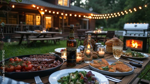 A peaceful outdoor evening dining setup with a beautifully illuminated patio  featuring a variety of delicious food and drinks  perfect for a backyard gathering
