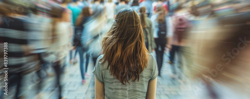 Woman standing alone among a crowd of other people, concept of feeling isolated or left behind