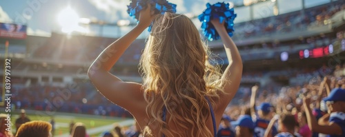 Cheerleader in the stadium stands of a college football game on a sunny day photo