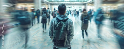 Male college student standing alone among a crowd of other students, concept of the feeling of isolation and loneliness due to mental illness