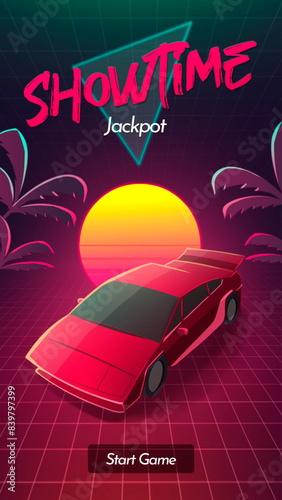 synthwave Casino game slots gameplay Home screen Gambling ui icons cartoon elements or buttons set Design game interface elements assets and lucky symbols for mobile gamble app or slot machine vector