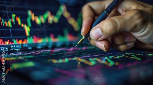 Businessman writing analyze graph for trade stock market on the screen