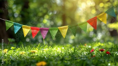 Fototapeta Naklejka Na Ścianę i Meble -  Colorful festive bunting with cut-out star patterns hanging over a grassy meadow with dandelions and blooming flowers in a sunlit wooded area