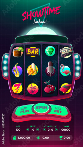 Casino slots gameplay main screen 80s Gambling ui icons cartoon elements and buttons set Design game interface elements assets and lucky symbols for mobile gamble retro futurism slot machine vector