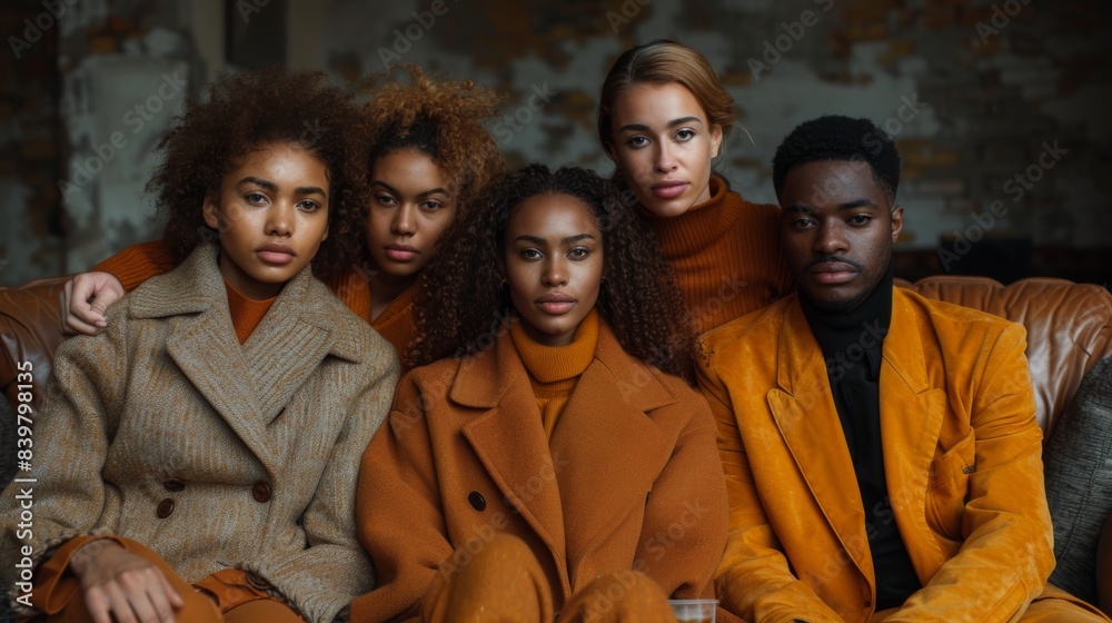 A group of five diverse young adults dressed in various shades of fashionable brown and orange fall outfits sit together on a sofa in a warmly lit, industrial-styled room A group of five diverse young adults dressed in various shades of fashionable brown and orange fall outfits sit together on a sofa in a warmly lit, industrial-styled room