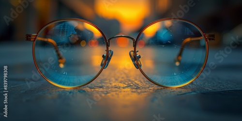 A pair of round eyeglasses with blue-tinted lenses capturing a vibrant and colorful urban sunset scene with blurred reflections and bokeh lights