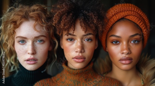 Three young women of diverse backgrounds and styles posing for a portrait, showcasing their unique beauty and expressions in the foreground with blurred background effect © aicandy