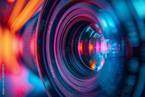 A close-up, vibrant, and colorful macro photograph showcasing the intricate details and reflections within a camera lens, emphasizing light and technological sophistication photo