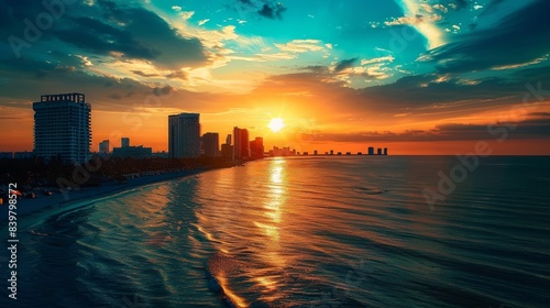 Sunset paints the skyline and ocean waves with golden hues in a breathtaking view of beachfront skyscrapers as daylight fades in a coastal city