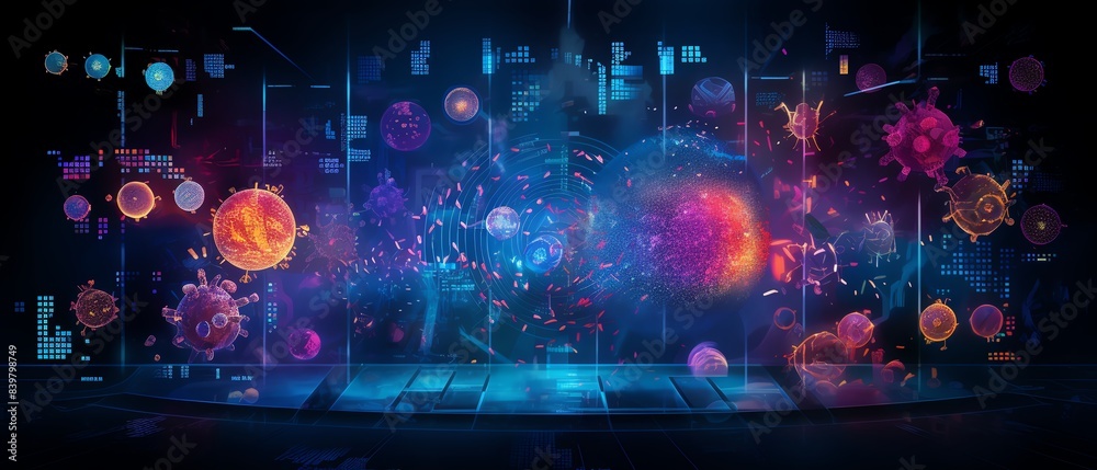 A detailed scientific illustration of viruses and DNA sequences A detailed scientific illustration of viruses and DNA sequences