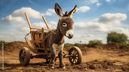 A donkey foal with a miniature cart photo