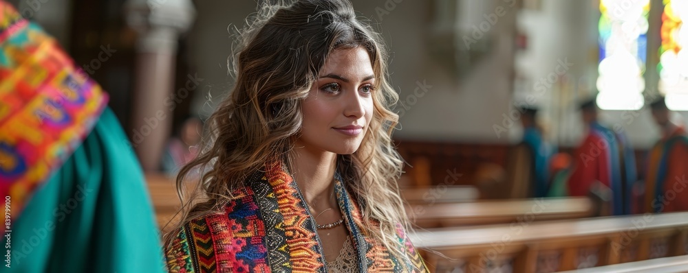 A young woman wearing a vibrant traditional garment in an ornate church setting, showcasing the diversity and cultural richness in modern celebrations