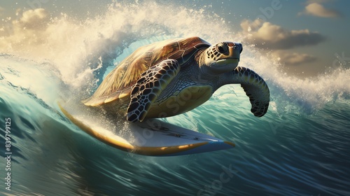 A sea turtle with a tiny surfboard photo