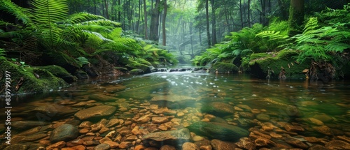 Tranquil forest stream  clear water  lush greenery  peaceful setting  copy space