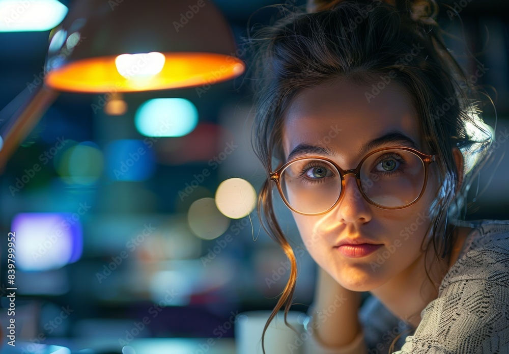 A stressed out female employee in her 40s, with glasses slipping down her nose, working late at night under a desk lamp A stressed out female employee in her 40s, with glasses slipping down her nose, working late at night under a desk lamp