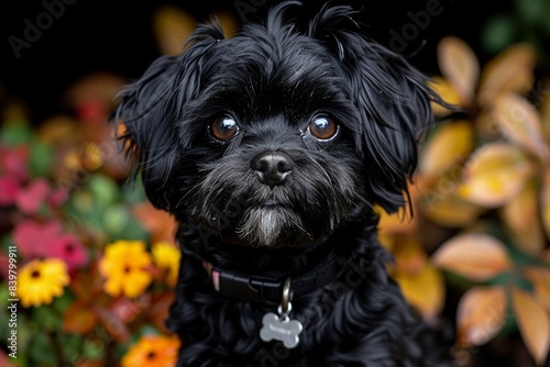 A close-up portrait of an adorable black dog with expressive eyes  captured in front of a background of vibrant fall flowers and foliage