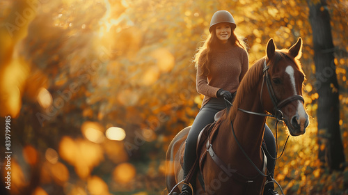 Uma jovem linda anda a cavalo na floresta no outono. Passeios a cavalo à noite no outono photo