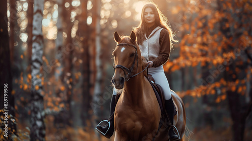 Uma jovem linda anda a cavalo na floresta no outono. Passeios a cavalo à noite no outono photo