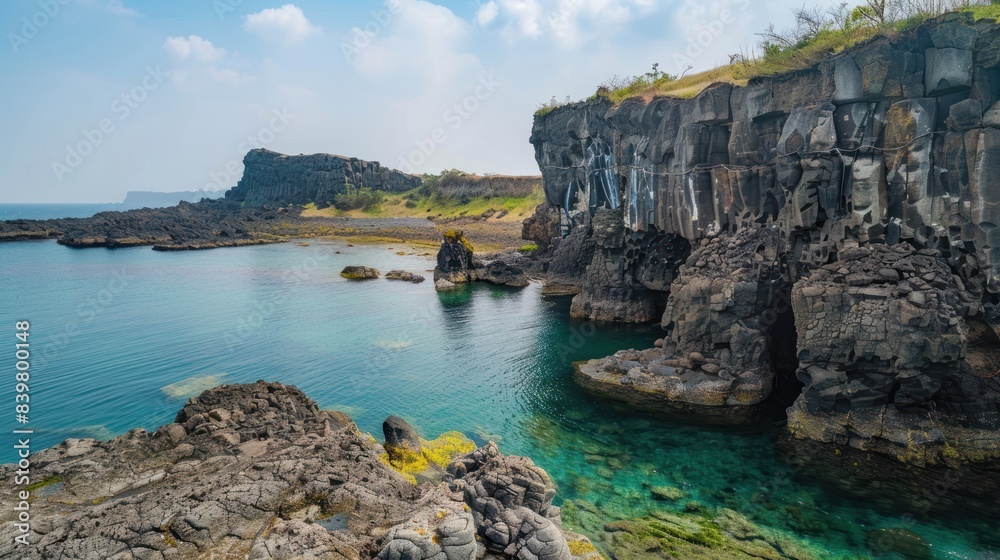 Rock formation Oedolgae in dark blue ocean at Seogwipo, Jeju Island, Korea Rock formation Oedolgae in dark blue ocean at Seogwipo, Jeju Island, Korea