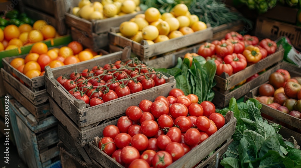 An inviting scene at a bustling farmers market stall showcasing colorful and fresh produce including tomatoes, lemons, oranges, and leafy greens in rustic wooden crates