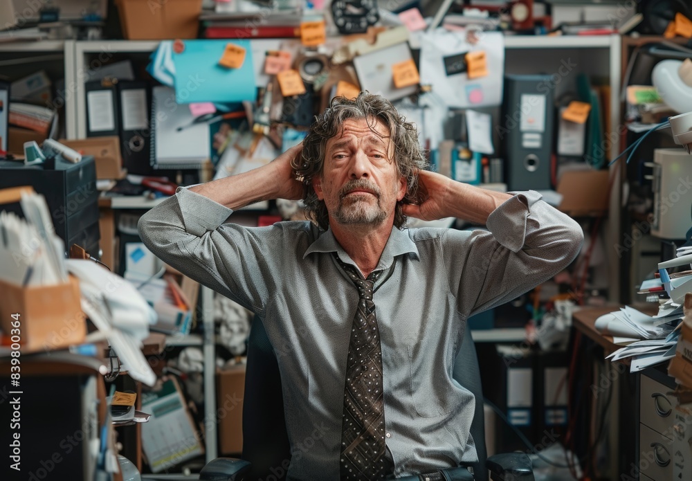 Obraz premium A middle-aged man in a cubicle, loosening his tie and hand rubbing his temples or head, surrounded by office clutter.